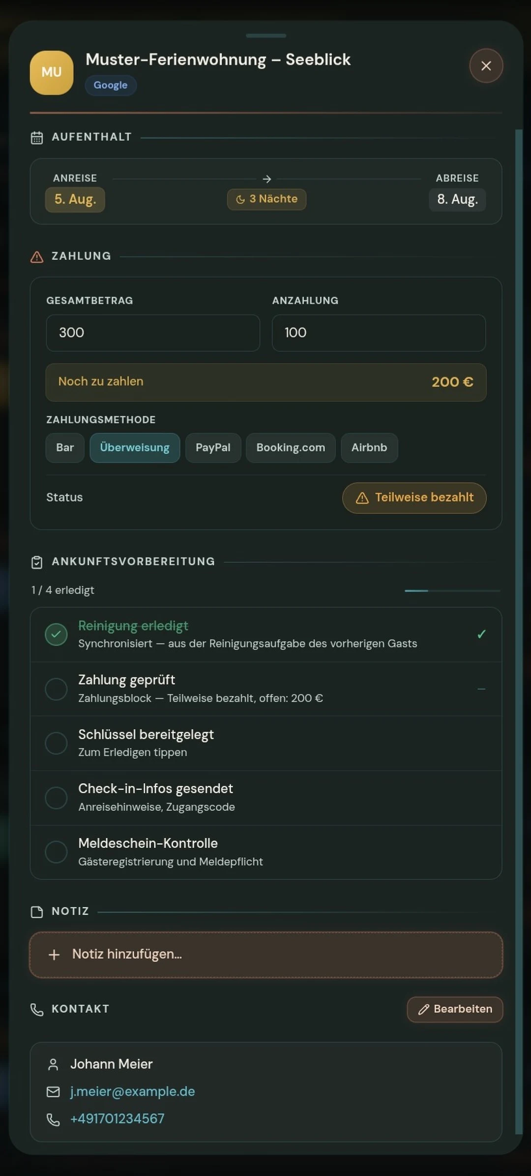 Profil gosta s kontakt podacima i informacijama o plaćanju