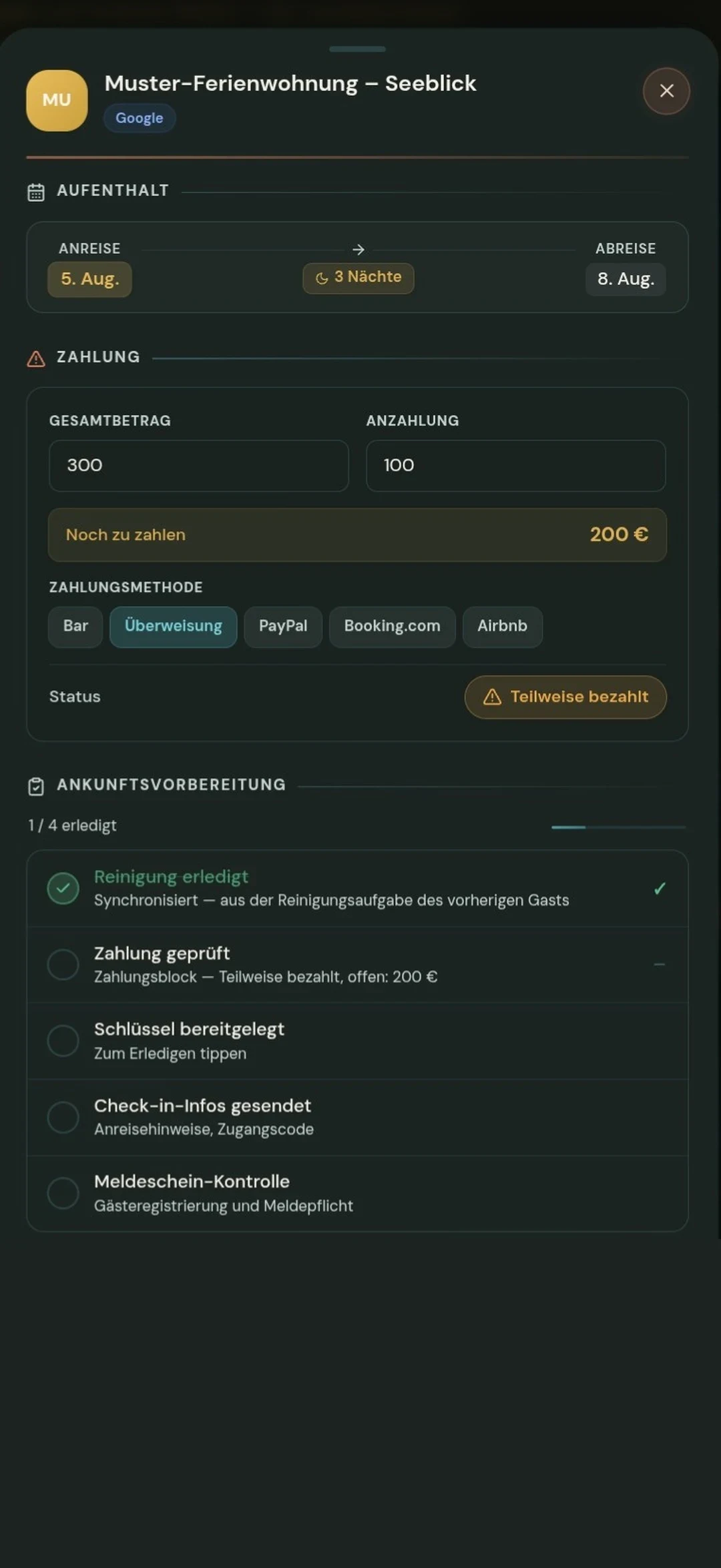 Profil gosta s automatski kreiranim zadacima (prijava, plaćanje, ključevi, check-in)